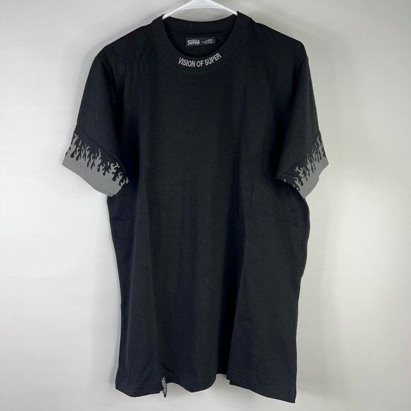Vision Of Super Other - Vision Of Super Mens T-Shirt Black Italy Embroidered Flame Spell Out Crew L New